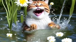 laughing cat in water with little flower