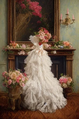 A beautiful romantic ruffled dress, decorated with beautiful embroidered flowers and lace, hanging on a hanger in a bedroom by the fireplace, in the light of the fireplace, Hyper realistic, oil on canvas award winning fantastic view ultra detailed acrylic art Ultra realistic Impressionism Surrealism simen johan, sharp focus intricate oil on canvas cinematic lighting photorealistic high detail ultra detailed crisp quality colourful