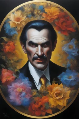 Count Dracula's face inside a gold circle, multicolored, large, Floral/rainbow designs, atmospheric, beautiful, bright, vibrant colors, pitch-black background, oil painting by Boris Vallejo, 4k UHD, Photorealistic, professional quality