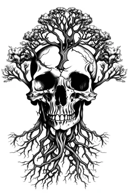 skull, creepy dead tree , roots, full image