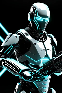 Figura de un robot futurístico de color negro y blanco, que posea un arma lazer, que posea un traje elegante y con un fondo de ambiente a la pelicula de TRON