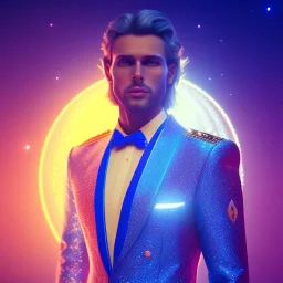 Handsome cosmic man, glitter blue and white prince suit with stripes, jewels, long blond hair, blue eyes, cinematic lights, octane render, unreal engine 5, 4k, focus details