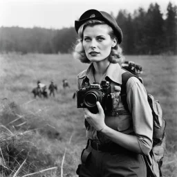 [art by Russ Meyer] Lee Miller stands with her camera in the battlefield. This war photographer is a fascinating figure indeed. She captured powerful images during World War II, showcasing the realities of conflict with a unique perspective. Her work is a testament to the courage and artistry of photojournalists in documenting history.