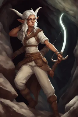 A realistic rendering of a Dnd character with a long tail and small horns in a dark cave. A female Tiefling archeologist with white skin, white hair wearing glasses, in brown adventurer's clothes. Cunning, beautiful, cool.