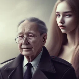 a young woman sitting next to a older man, portrait, 8K, close-up face, anatomically perfect face, Highly detailed stunning full frame portrait, misty and cloudy atmosphere