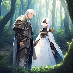 Girl with white hair wearing white robes and a blindfold. Boy with black hair wearing old leather armor. Forest path background