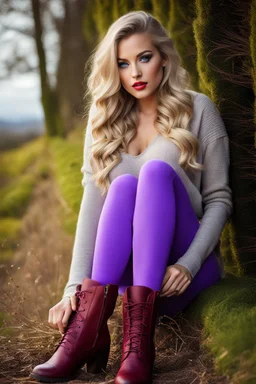 beautiful 18 year old girl with ash blonde hair and blue eyes with her curvy hair down, wearing a long-sleeved woollen top, and lilac long leggings, with long red boots full body shot