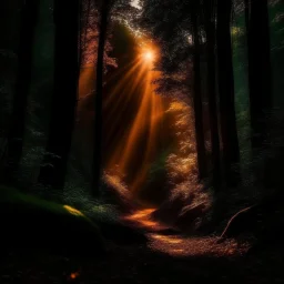 atmospheric deep orange light coming through a dark forest valley