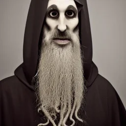 Greek Orthodox nosferatu long beard made of tentacles with long arms and a robe made a human faces