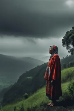 Wanita Indonesia berdiri di tepi bukit saat hujan deras sendiri menatap langit