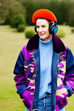 Fresh woman, no make-up, plum-blue-magenta-camouflage jacket. Old-fashioned things like CD's, microphone integrated to mask! Wool/leather visor to tippet. Orange, black, AKG headphones, golden rings. materials are denim and felt cloth mixed. Fashion 1990's. Venue is a small old farm in the middle of the nature, Chicken and cockatoo, Natural Light. Possible colors: Cream white, zinc plate, red ochre, ochre. Thick tights. Thick calves. wide hip