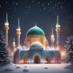 Hyper Realistic rainbow textured Mosque at heavy snowfall night with decorative lights