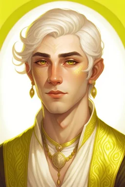 a wealthy half-elf young man with pointy ears and dark eyes, wears lots of jewelry, white hair, wearing white and gold