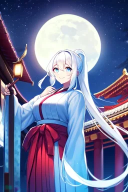 girl, masterpiece, best quality, cinematic lighting, detailed outfit, vibrant colors, perfect eyes, white hair, blue eyes, long hair, ponytail, hakama, shrine, smile, looking down, night sky, starry sky, full moon,