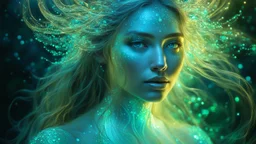 The photo is done in a bioluminescent and bioluminescent art style depicting a divine woman, Bioluminescent dewy translucent glowing skin, ethereal glowing eyes, long neck, perfect face in ultra-realistic details, flowing hair, greenish blue hues, The composition imitates a cinematic film with dazzling, golden and silver lighting effects. Intricate details, sharp focus, crystal clear skin create high detail. 3d, 64k, high resolution, high detail, computer graphics, hyperrealism, f/16, 1/300 sec.