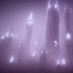 ALIENS FLOATING, MAGIC BUILDING, FOGGY NIGHT, GLOWING, PURPLE, TOWERS, 4K, 8K, CINEMATIC