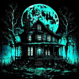 Decay art, Double exposure of creepy decayed house backlit with giant moon, Bayou swamp at midnight, surreal nightmare art, dark cyan - indigo color scheme, by Chris Von Allsberg, by Kay Nielson, haunted house, creepy, horror, double exposure, dripping dark atmosphere, wispy opalescent dark sky apparitions