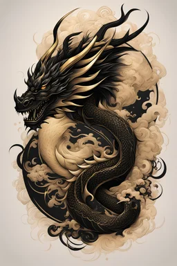 Create a captivating modern 2d black and gold ink tattoo design for print , prestigious dragon using the elegant influences of japan art style, for print, dynamic elements from fashion and design, and bold Japanese contemporary art aesthetics, framing centered in the center, distanced from the edges of the paper perimeter,