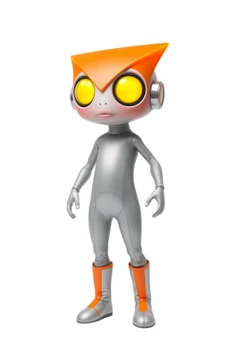 Full head to toe portrait + profile of a creature with (((a flat orange triangle pointing downwards for a head))), large round eyes like bright yellow headlights, a small body, its feet are in seamless silver and orange skin-tight boots with its skin-tight jumpsuit. It stands out against a white background.