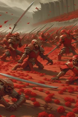 a red battle field with dead orcs