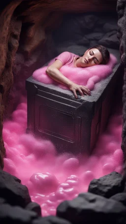 full body portrait of soap star sleeping in a sarcophagus filled with transparent pink liquid inside coal mine shaft,bokeh like f/0.8, tilt-shift lens 8k, high detail, smooth render, down-light, unreal engine, prize winning