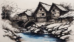 old rural (watermill:1.6) built upon a bubbling brook, ink paint