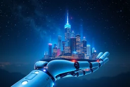 a modern city build on robotic hand ,blue sifi ,stars in sky,