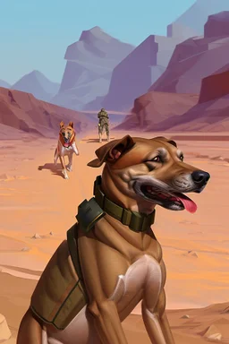 A soldier dog dressed in military combat uniform fighting another soldier dog in the hot desert landscape, digital illustration portrait, dog's face is snarling, aggressive, angry, Craig Miller , futuristic, pulp fiction graphic novel style, hyperrealism, photorealism