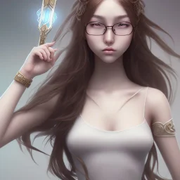 Seting Korean gamer girl , long Brown hair, White headfone, hands on the Chen, round glasses ,elemental face, Unreal Engine 5, highly detailed, highest quality, digital painting, complex 3d render, unreal engine render, insane detail, intricate photograph quality, magnificent, highly intricate, Realistic photography, holding scepter , highly detailed, highest quality, digital painting