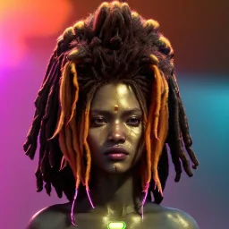 Pretty cyber woman, rasta hair, sci-fi, rounded face, black, gold, brown, samurai style, retro, simetric, neon style, a lot of led lights, fog, rain, leather coat, vibrant color, highly detailed, art stations, concept art, smooth, unreal engine 5, god rays, ray tracing, RTX, lumen lighting, ultra detail, volumetric lighting, 3d, finely drawn, high definition, high resolution.