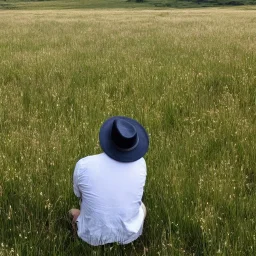 man with a panama hat reflects sitting in a meadow