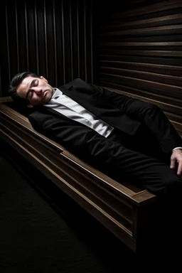 a man in black suit, white shirt, black pants, black shoe sleeping in a coffin