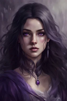 a female noble. twenty four years old. white skin. purple eyes. long black hair. beuatiful face
