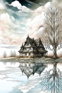 The place where the Dream and its followers live. A reflection of the sky. Watercolor, fine drawing, beautiful landscape, pixel graphics, lots of details, pastel aqua colors, delicate sensuality, realistic, high quality, work of art, hyperdetalization, professional, filigree, hazy haze, hyperrealism, professional, transparent, delicate pastel tones, back lighting, contrast, fantastic, nature+space, Milky Way, fabulous, unreal, translucent, glowing