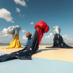 Fotografia di una superficie piatta di colore azzurro chiaro e giallo pastello, su cui si ergono alcuni gigantesche immense enormi odd cose di forma Yves Tanguy, fatte di materiali vari, ricoperte da materiale plastico argentato, rosso, blu, e nero, che scende a terra. Max Ernst, Amano, Yves Tanguy, Piet Mondrian, James Ensor, paranoic, obsessive, minimalista, aria aperta, sole, nuvole, glossy, surreal, hasselblad h6d400c --ar 85:128 --v 6.