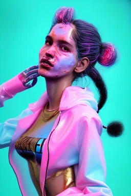 Ultra Realistic image, Rosalía artist, portrait, normal complexion, waist up portrait, two monkeys hair ,black eye long line, sweet face, t-shirt with holes, inflatable open coat, gold pink and blue style, spray glow make up, big geometric led jewelry, fog, hot, inflatable style latex coat, vibrant color, highly detailed, art stations, concept art, smooth, unreal engine 5, god rays, ray tracing, RTX, lumen lighting, ultra detail, volumetric lighting, 3d, finely drawn, high definition.