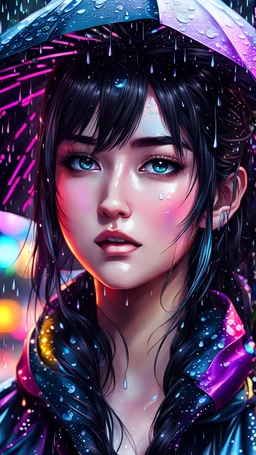 anime realistic drawing style, close picture, rain, neon, intricate details, highly detailed, high details, detailed portrait, masterpiece, 8k detailed
