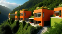 Viviendas modulares en forma de cubos de colores secundarios verde esmeralda y naranja vibrante se agrupan en una composición modular sobre una ladera escarpada. Las superficies son de estuco fino con un acabado mate, y cada módulo cuenta con una terraza llena de plantas trepadoras que caen hacia un río caudaloso en la base.