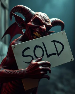 A realistic ghoulish laughing devil leaning forward at an angle as if over someone's shoulder, facing right, holding a large sign that says "SOLD" in clear letters. No humans, no extra subjects, cinematic horror lighting.