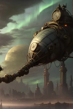 A steampunk-inspired cityscape bustling with airships, intricate clockwork mechanisms, and Victorian-style architecture, set against a dramatic sky filled with billowing clouds and a hint of an otherworldly aurora. Vivid colors, dynamic composition, and a sense of wonder permeate the image, with detailed attention to the mechanical aspects of the scene.
