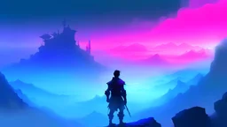 man Wanderer above the Sea of Fog in a synthwave dystopia add foreground fog