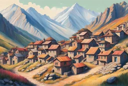 colour DRAW mountain VILLAGE consist big dagestan HOuses