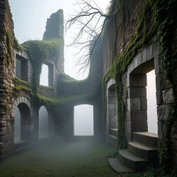 Award-winning fine art architectural photography of ancient ruins partially reclaimed by nature, vines and moss covering stone structures, soft morning fog, balanced composition, natural cinematic lighting, medium format capture, ultra realistic, masterpiece 64k