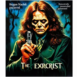 demonically possessed Regan MacNeil, The Exorcist poster art, by Wes Benscoter, by John Romita Jr, by Drew Struzan, horror poster, ultra detailed, cinematic lighting, epic masterpiece, colorful 70's horror aesthetic