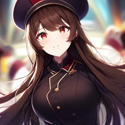 Clear Focus, High resolution, glowing red eyes, wearing a train conductor uniform, long dark brown hair, front hair is straight but the rest is fluffy, wearing a train conductor hat, evil smile, extreme close up