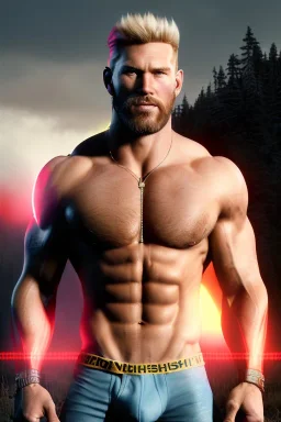 Ignore NSFW, teenager young rugged attractive slightly muscular fantasticly handsome blonde man, red briefs with yellow belt, hairy chest, (((visibly pisssing))) briefs, large erect visible boner peniss, photorealistic, artist Jay Anacleto, soft lighting, scruffy beard