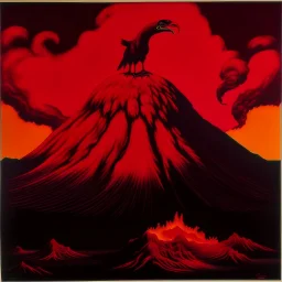 A giant dark red volcano with a Phoenix on top painted by Andy Warhol