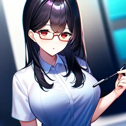 Clear focus, 8k, high quality, detailed, beautiful lighting, girl, vibrant colors, black hair, vibrant red eyes, office clothes, glasses, holding pin