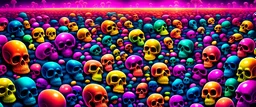 a field of 1000s of psychedelic psilocybin induced anatomically correct, skulls, vivid RANDOM BRIGHT neon colors, dark comedy, well lit, high detail, photorealistic, horrorcore, fun, scary, none featured, each a different color or hue, close to anatomically correct