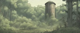 water tower, city overgrown, post-apocalyptic, comic book, forest, cinematic, from far away,